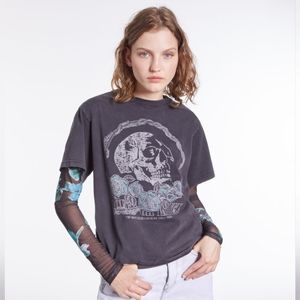 THE KOOPLES BLACK T-SHIRT WITH VINTAGE SKULL SERIGRAPHY, WASHED BLACK, SIZE 0